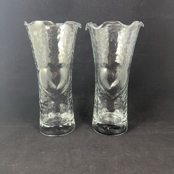 Set Of 2 Vintage Anchor Hocking Dimpled Heart Scalloped Edge Clear Glass Vase - Picture 1 of 13